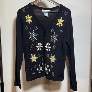 Victoria Jones Black Button Up Cardigan With Gold and Silver Snowflakes Sz Small